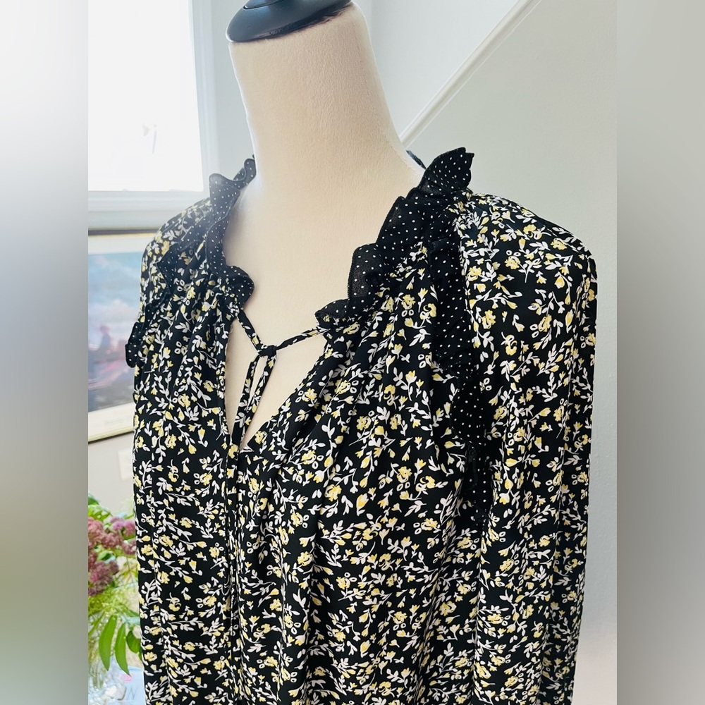 DALIA Blouse BOHO COTTAGE CORE  Floral Tunic Tie String Black/Yellow Dots MEDIUM